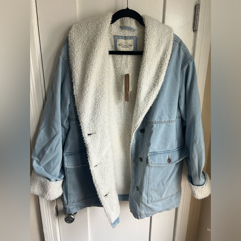 Ashley Vintage Charm oversized Denim Sherpa barn coat jacket (L) NWT